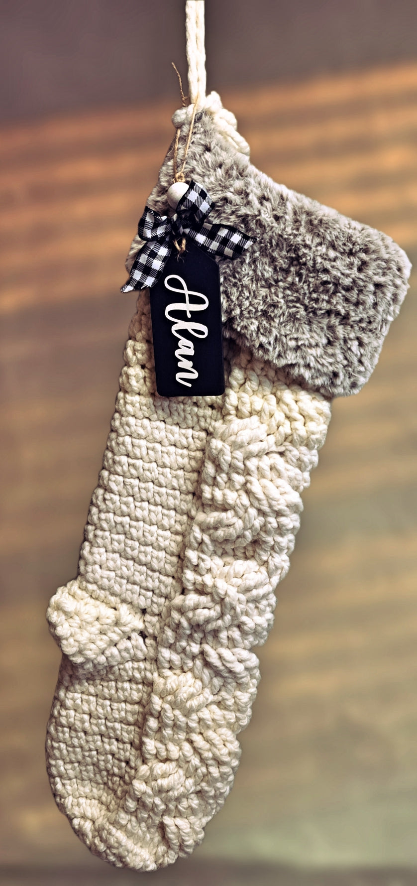 Personalized Handmade Stocking Tag- Black & White Buffalo Plaid