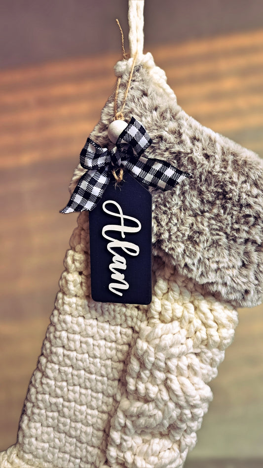 Personalized Handmade Stocking Tag- Black & White Buffalo Plaid